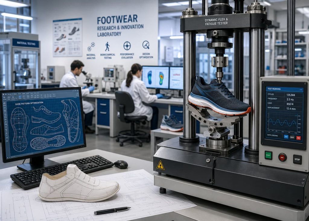 A high-tech footwear design laboratory featuring product concepts and modern pattern layouts.