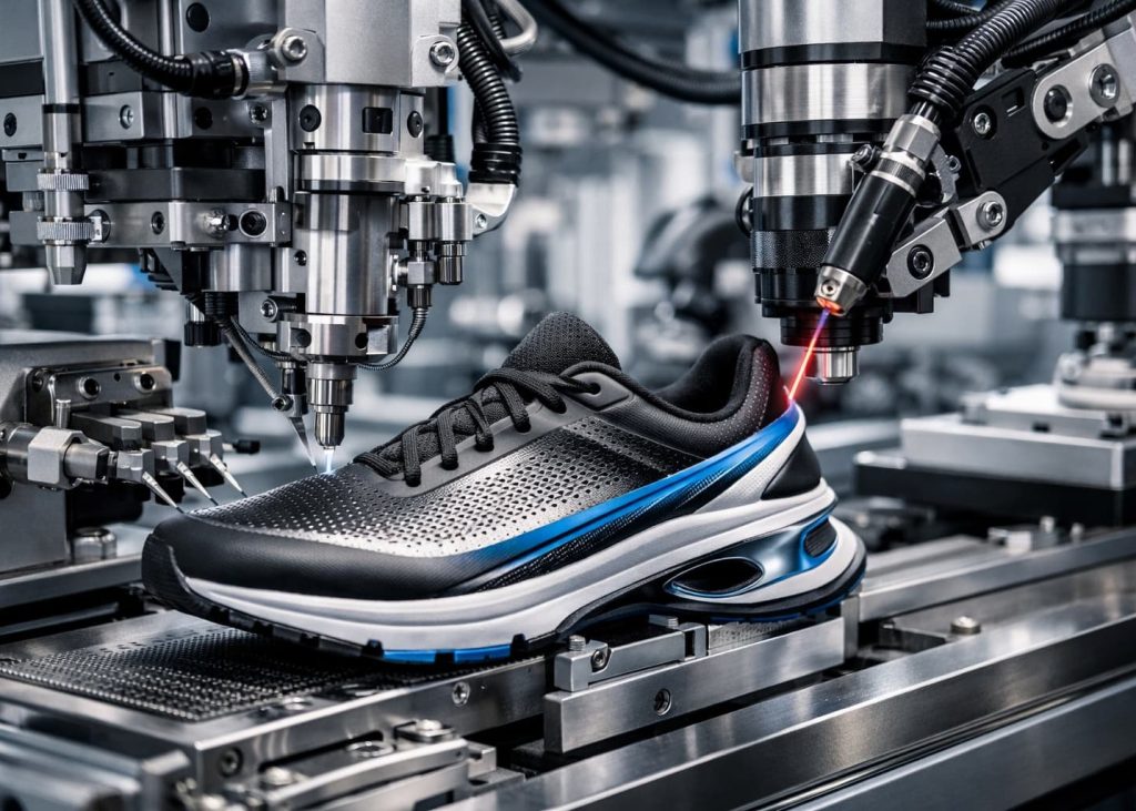 Precision automated assembly line constructing a high-performance running sneaker.