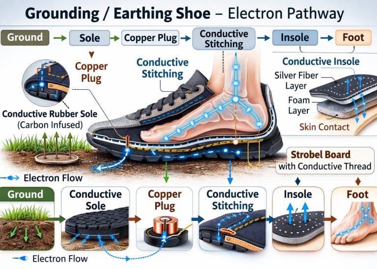 Grounding footwear technology showing conductive pathway from sole to foot