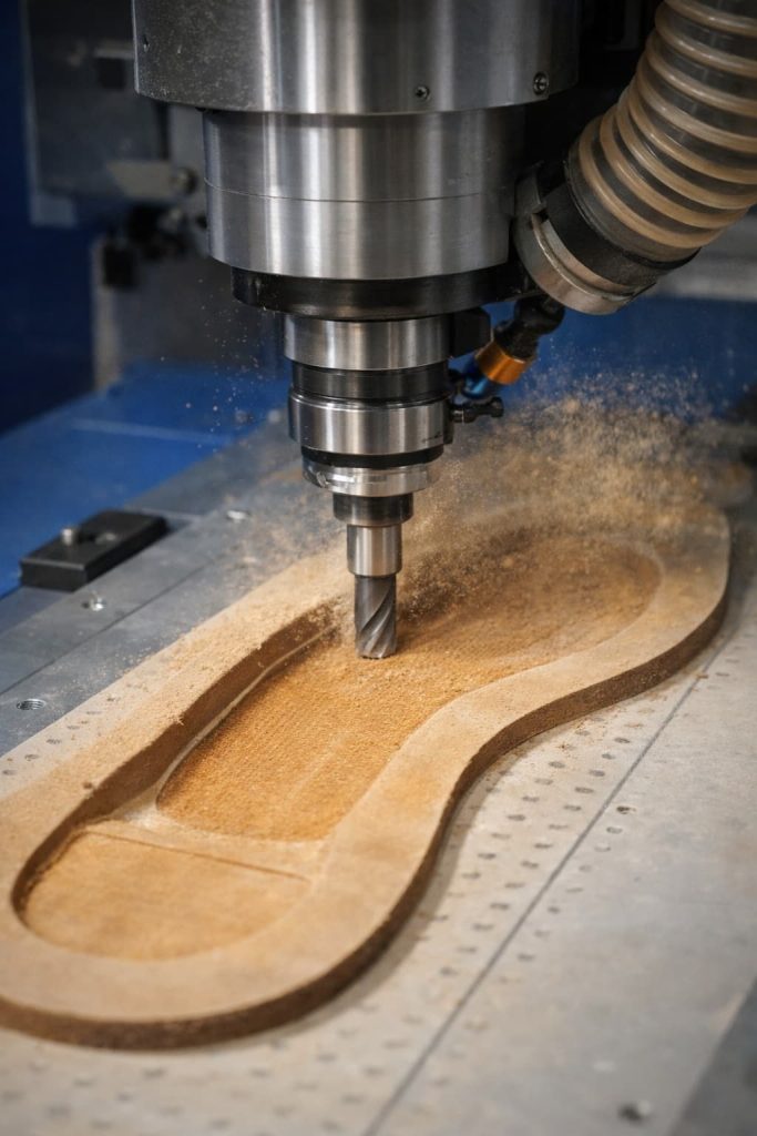 Pocket milling operation on a leather outsole.