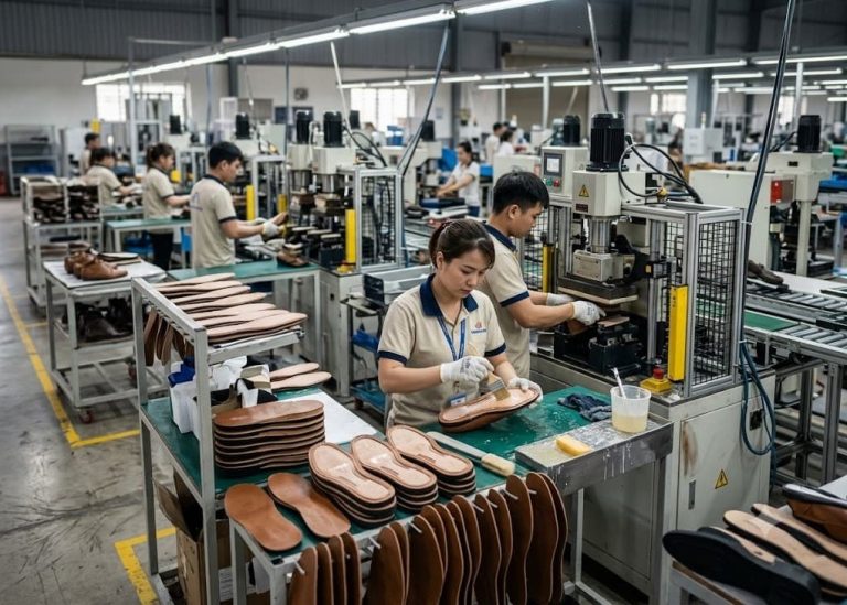 Footwear operators performing outsole stock fitting assembly in a modern footwear manufacturing factory.