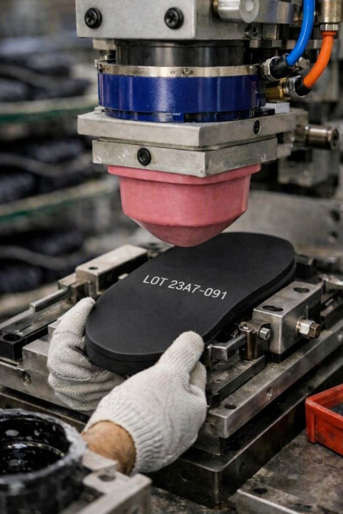 Pad printing identification on TPU outsole.