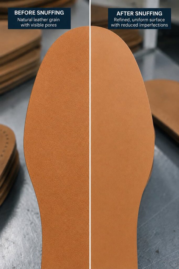 Comparison of leather outsole before and after snuffing.