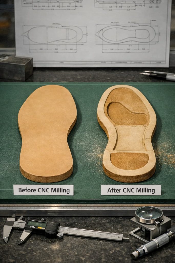 Leather outsole before and after milling.