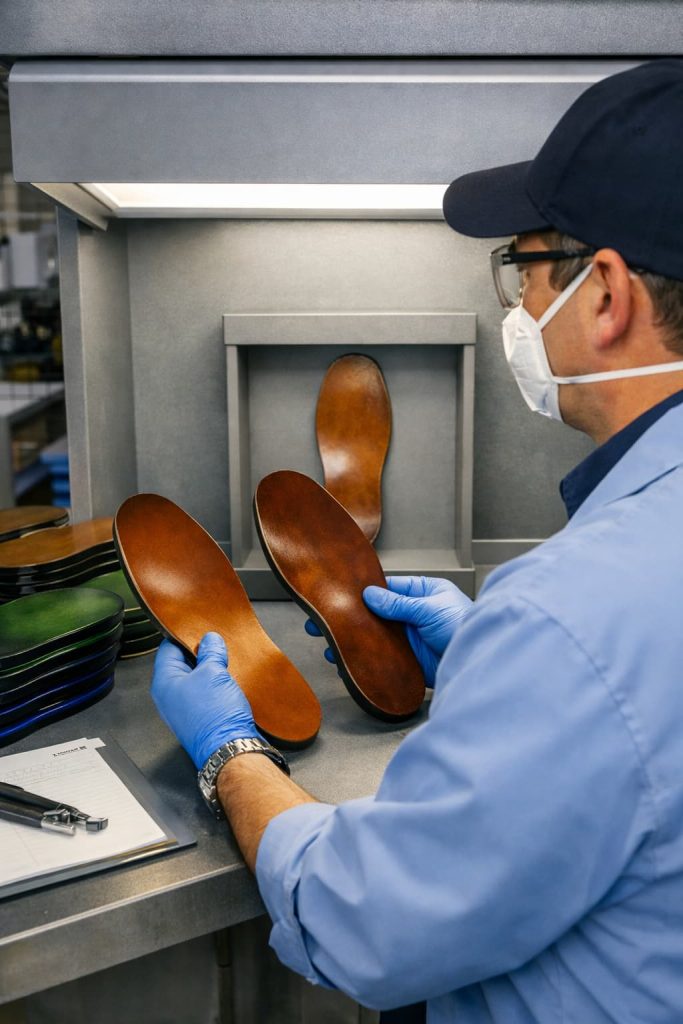 Quality inspection of outsole color consistency.