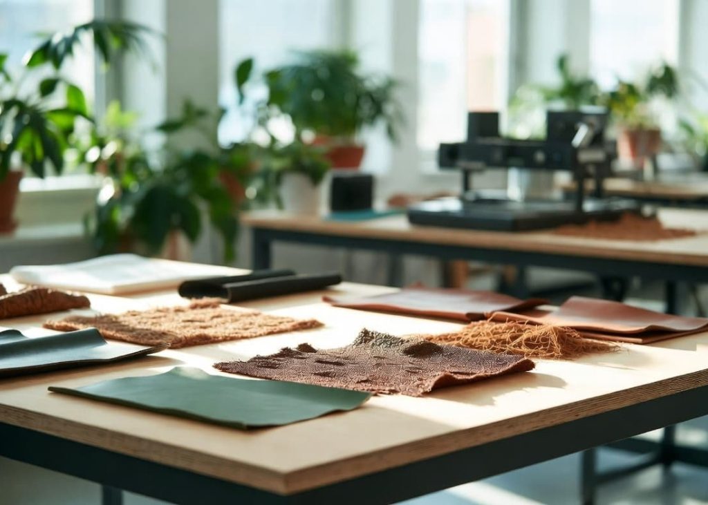 Samples of sustainable plant-based alternative leather on a modern laboratory worktable.