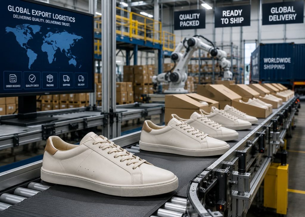 Automated commercial logistics line sorting high-end corporate consumer footwear exports.