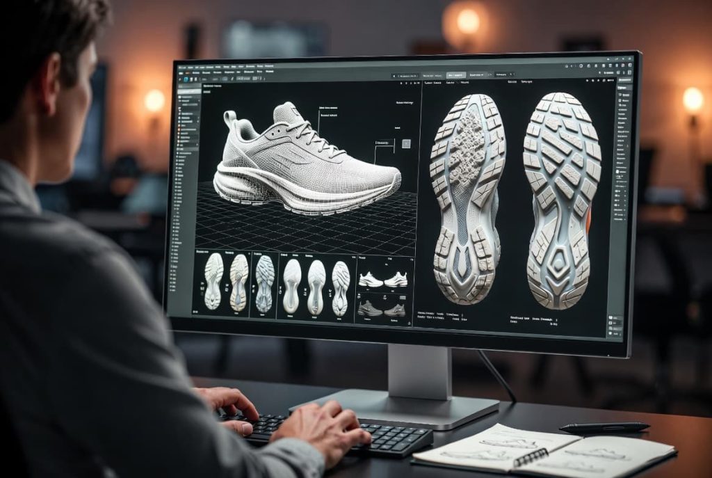 A digital design workstation utilizing generative AI applications to create advanced 3D wireframe concepts for high-performance athletic footwear.