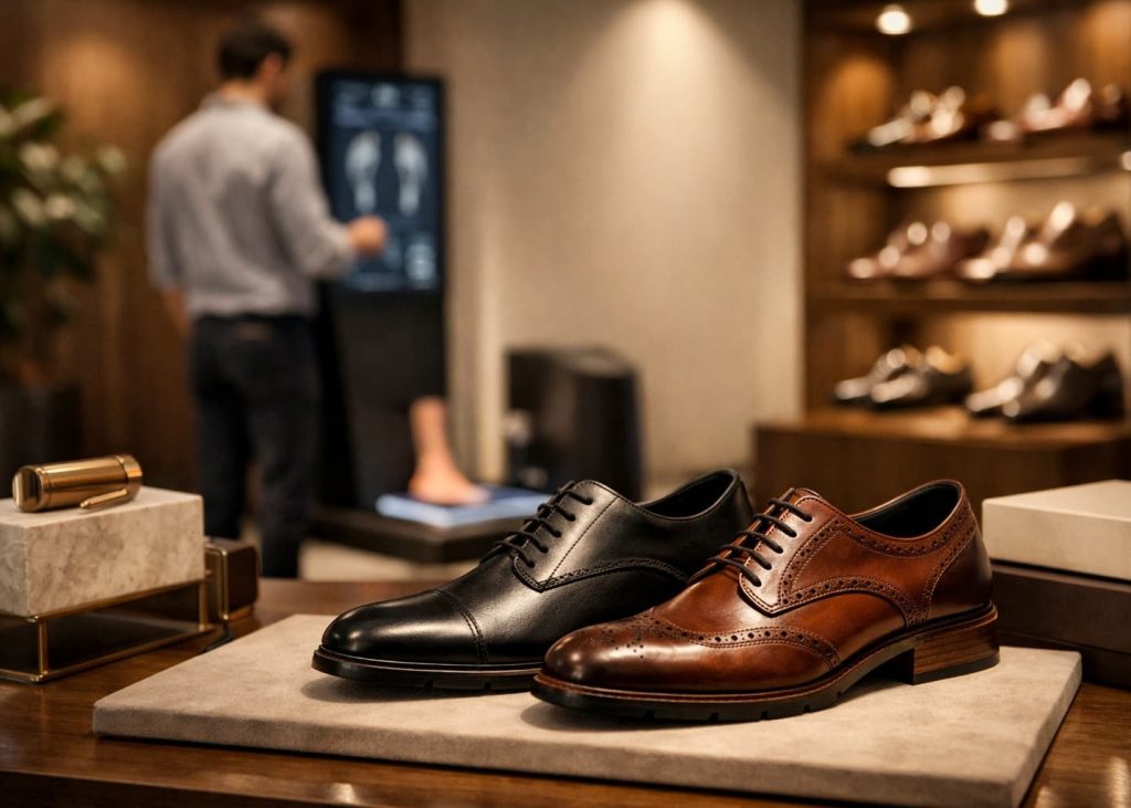 Premium luxury footwear boutique showcasing products under elegant spotlighting.