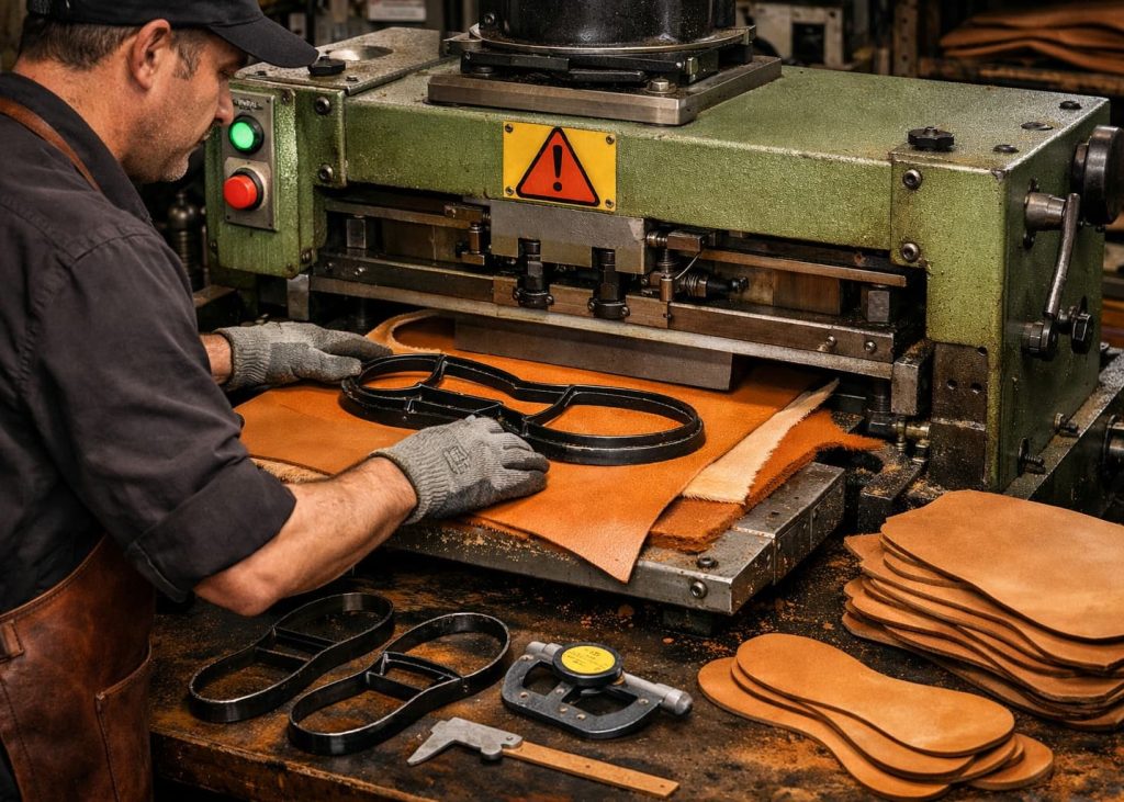 Leather outsole cutting operation.
