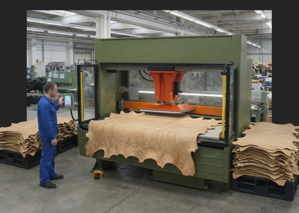 Hydraulic cutting press used for outsole cutting in a professional footwear factory.