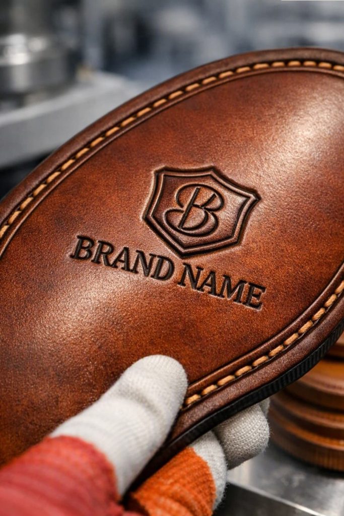 Embossed brand logo on footwear outsole.