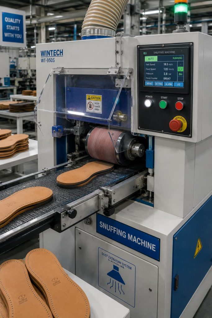 Belt snuffing machine used in leather outsole manufacturing.
