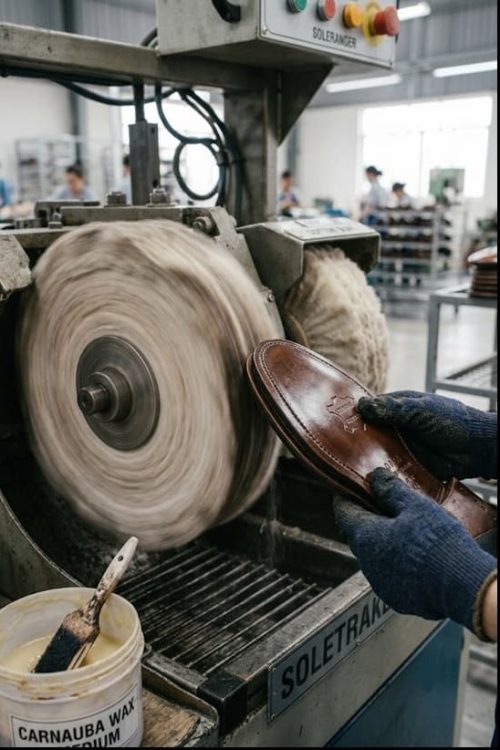 Industrial burnishing of leather outsole Bottom and edge.