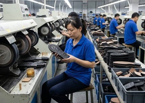 Leather outsole edge finishing and polishing process.