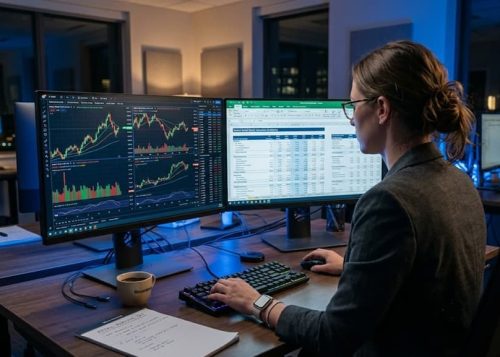 Financial market analyst evaluating corporate retail stock indicators on dual monitors.