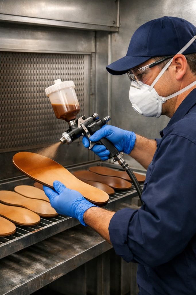 Spray application of bottom color on leather outsole.