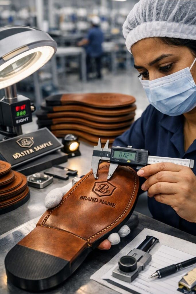 Inspection of embossed outsole quality.