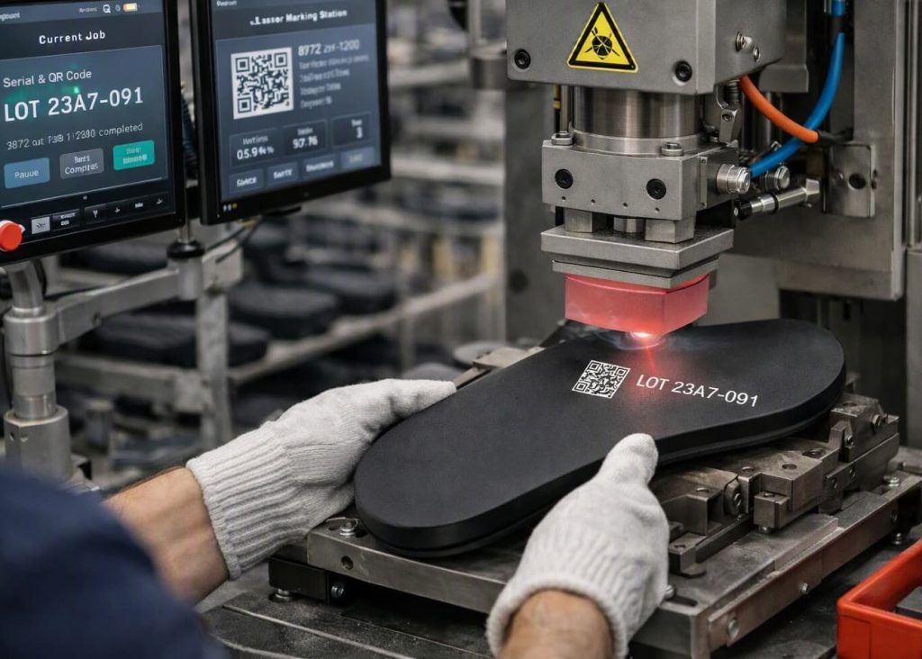 Automated laser marking for outsole traceability.