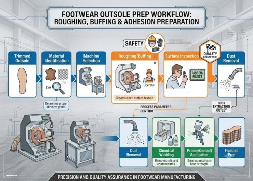 Roughing and buffing operation process flow in outsole manufacturing.