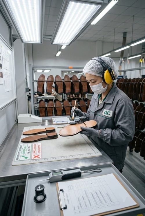 Inspection of leather outsoles after snuffing.