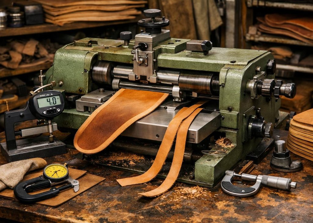 Leather splitting and levelling process.