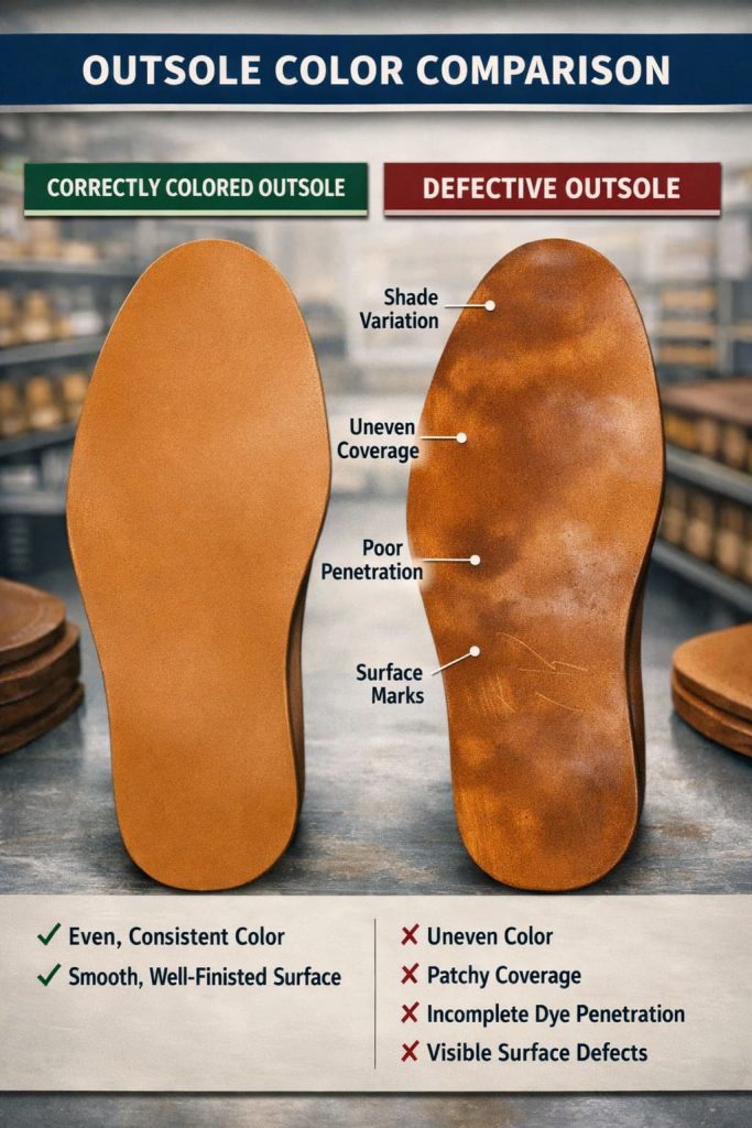 Quality inspection of outsole color consistency.