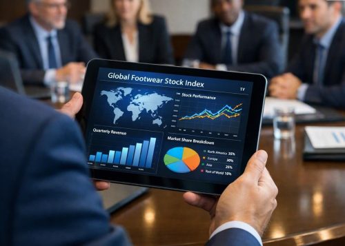 Financial analyst reviewing global stock performance metrics on a digital tablet in a corporate boardroom.