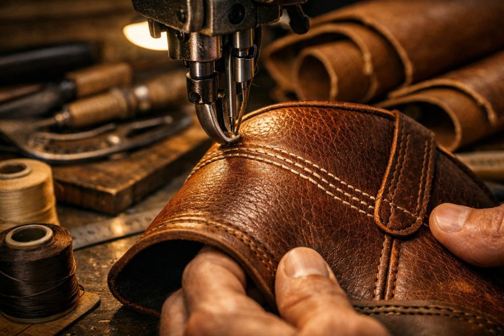 Macro close-up of heavy-duty stitching details on a premium full-grain leather western lifestyle boot inside an artisan workshop.
