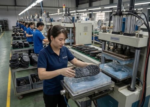 Outsole attaching and pressing operation in footwear manufacturing.