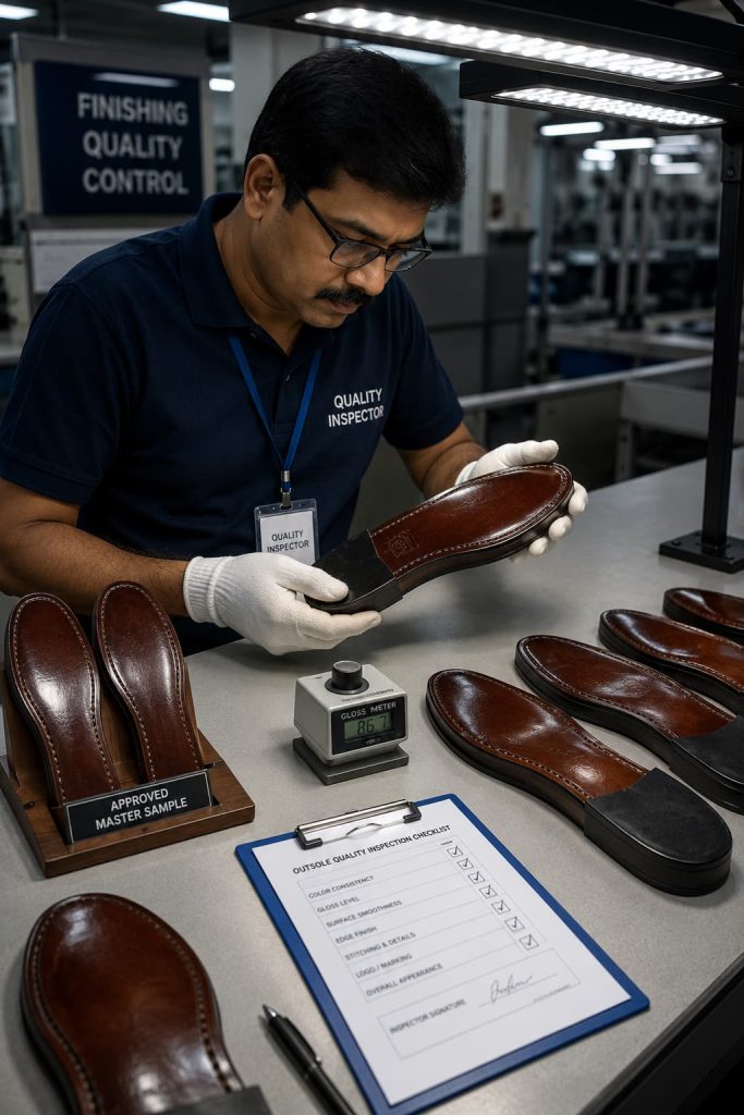 Quality inspection of polished leather outsoles.