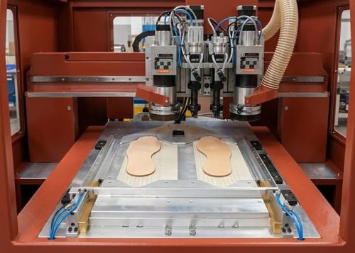 CNC milling production line for leather outsoles.