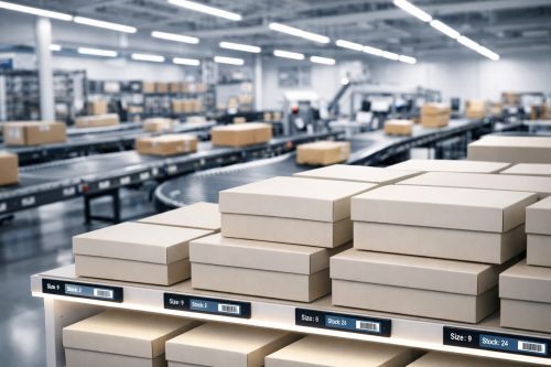 An ultra-modern direct-to-consumer fulfillment environment showcasing perfectly stacked footwear inventory and automated logistics tracking infrastructure.
