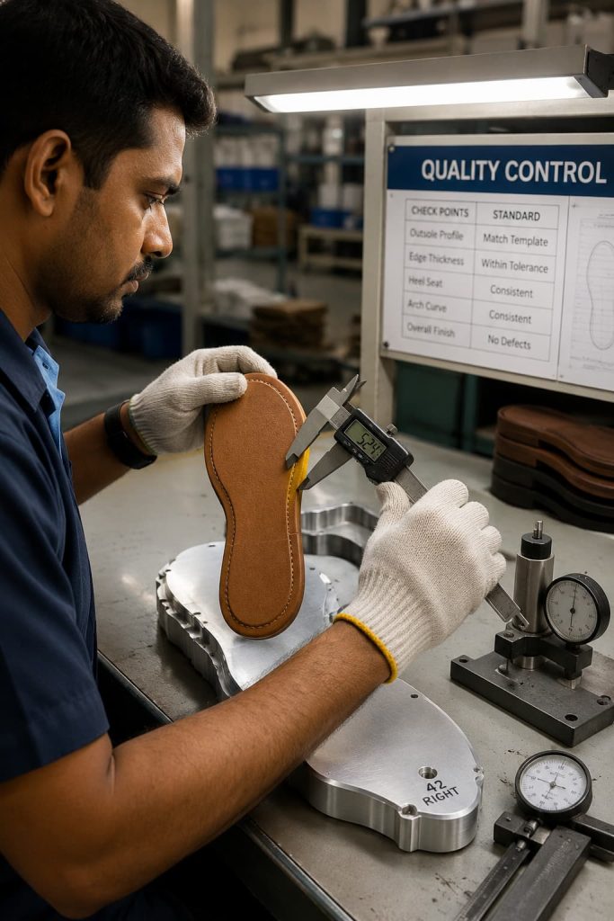 Quality inspection of a profile-trimmed outsole.