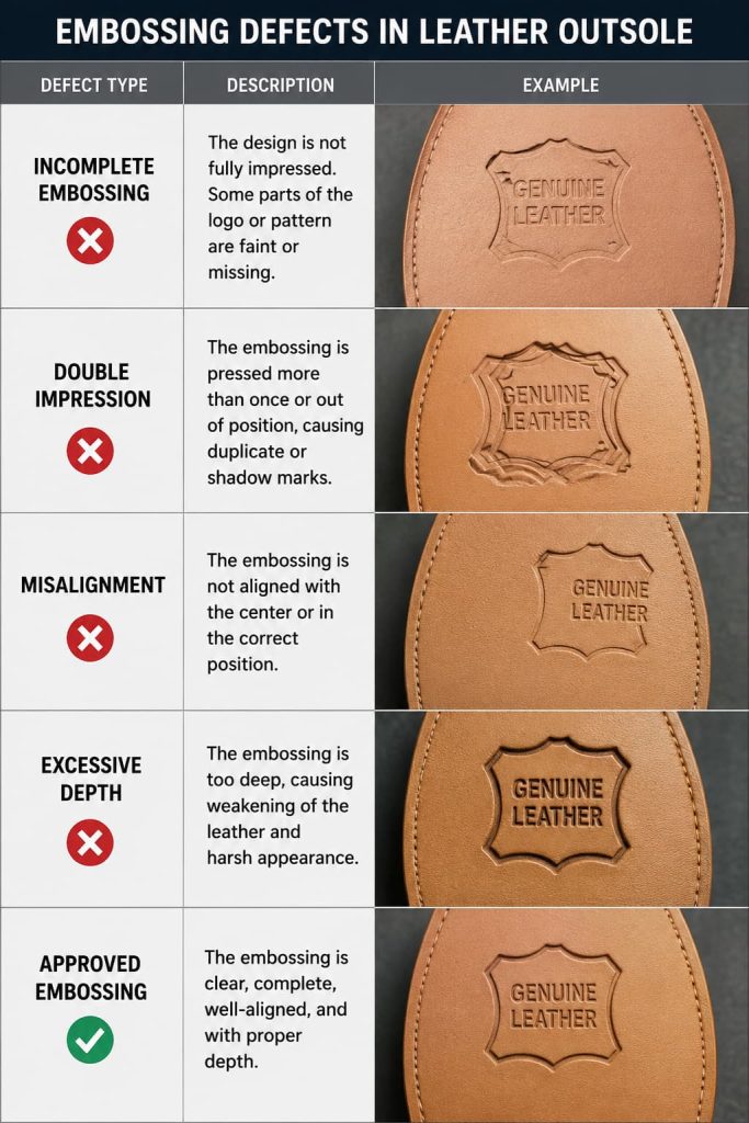 Common embossing defects on footwear outsoles.