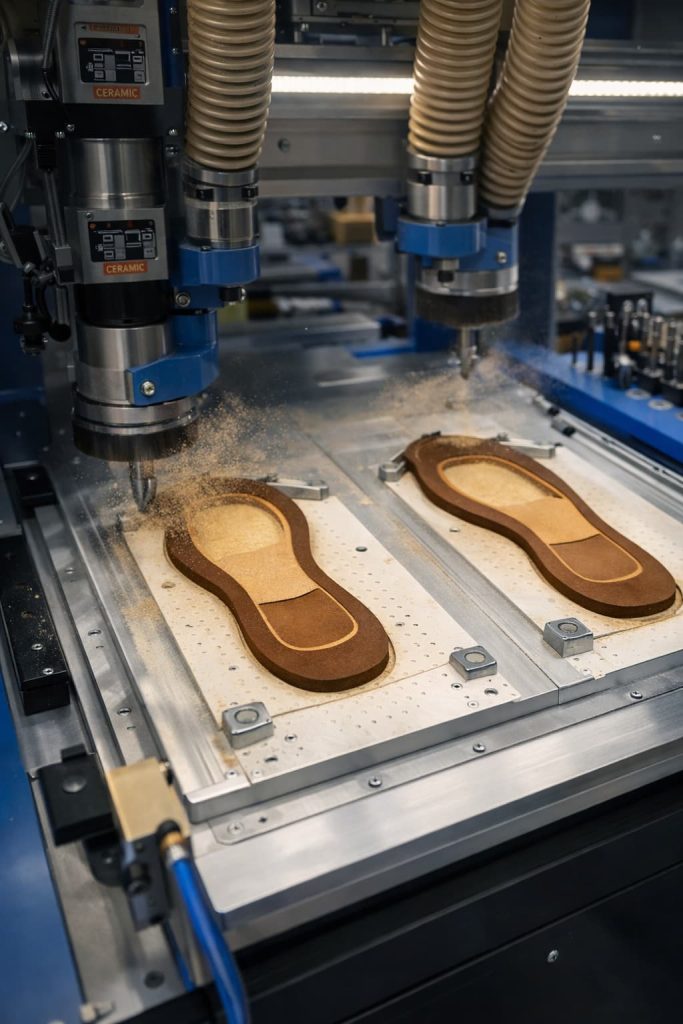 Pocket milling operation on a leather outsole.