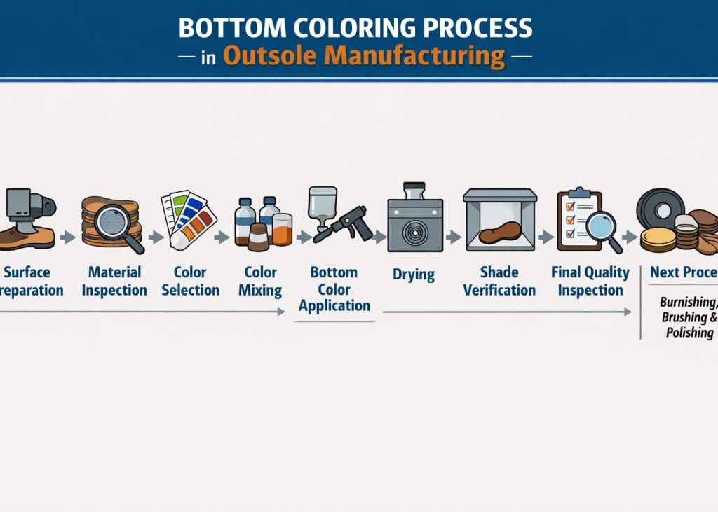 Bottom coloring process flow in footwear outsole manufacturing.