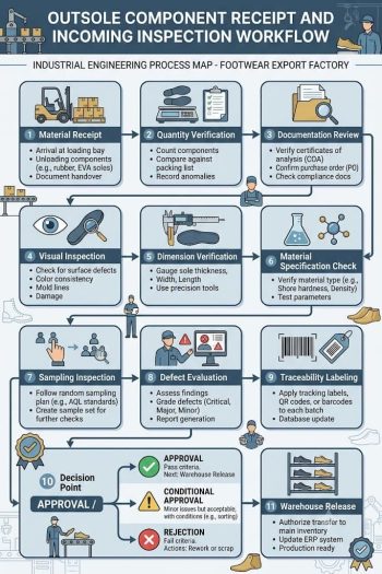 Outsole component receipt and incoming inspection process flow chart.