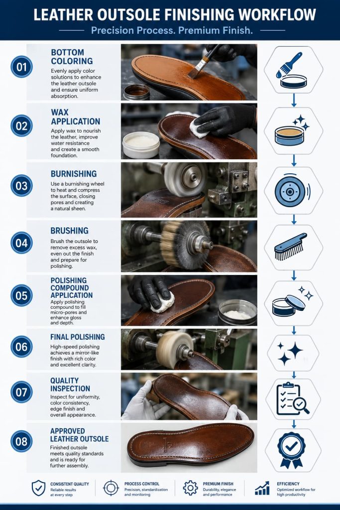 Leather outsole burnishing, brushing, and polishing process flowchart.