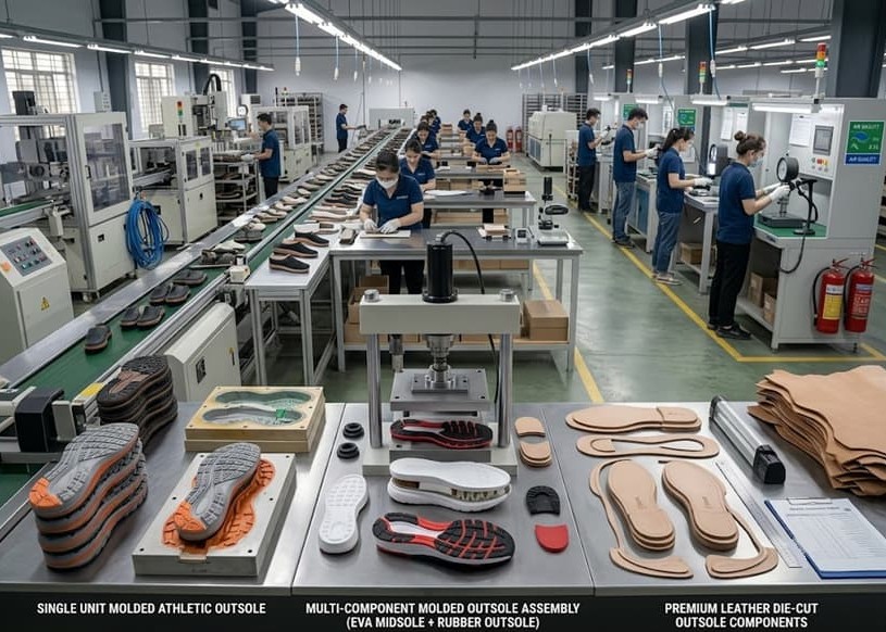 Alt Text: Three basic outsole types used in footwear manufacturing