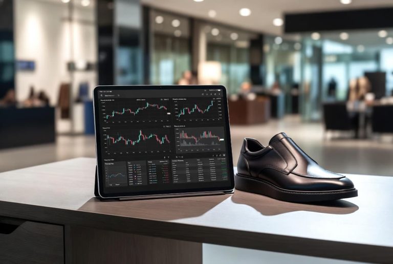 Financial tablet presenting real-time stock charts alongside premium leather lifestyle shoe on a modern desk.
