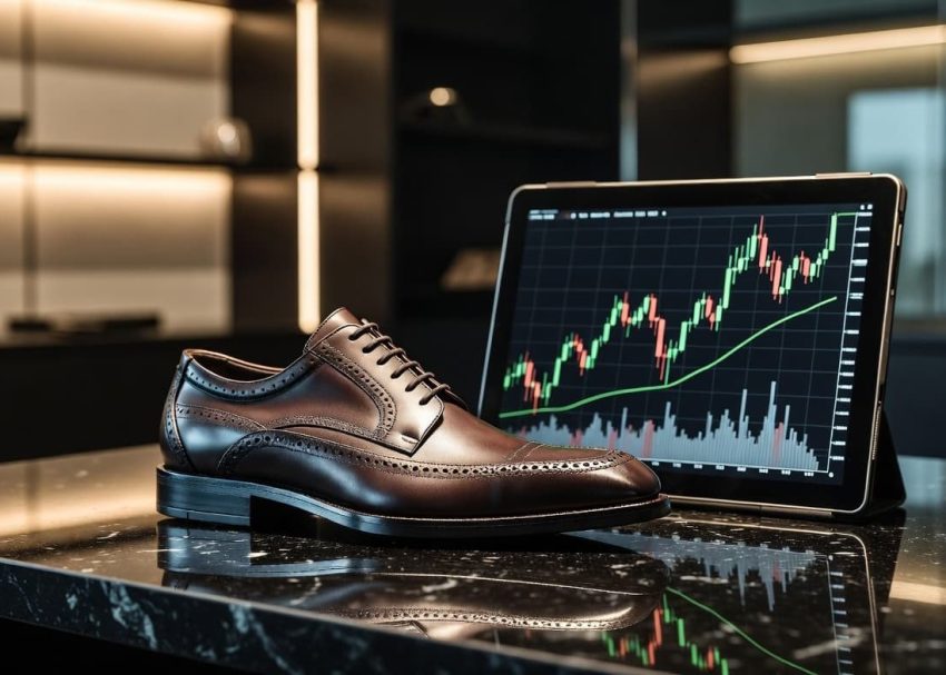 Premium leather shoes sitting alongside a tablet displaying upward stock market financial charts on a polished corporate desk.