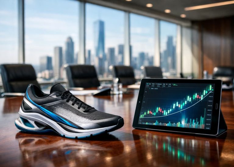 Modern executive boardroom featuring an athletic footwear prototype next to stock data charts on a tablet.