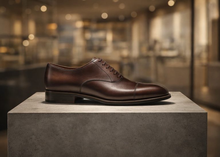 High-end luxury leather shoe showcased on a polished display pedestal inside a premium corporate boutique.