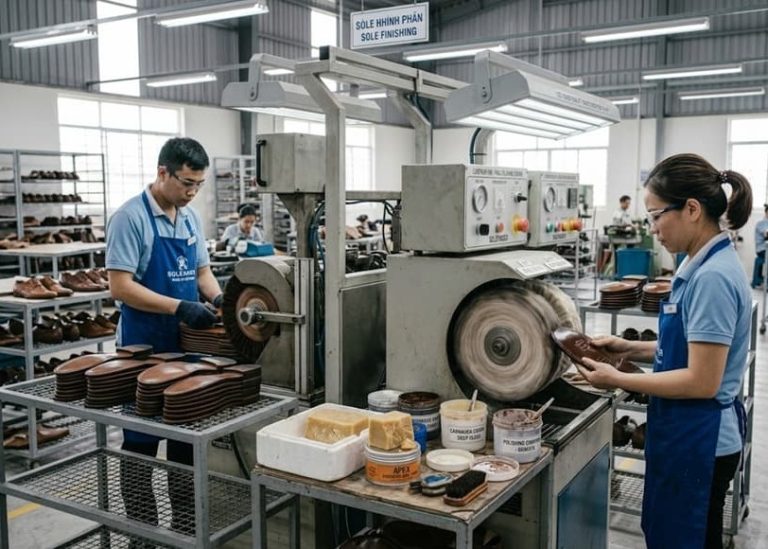 Leather outsole burnishing and polishing operation in a footwear factory.