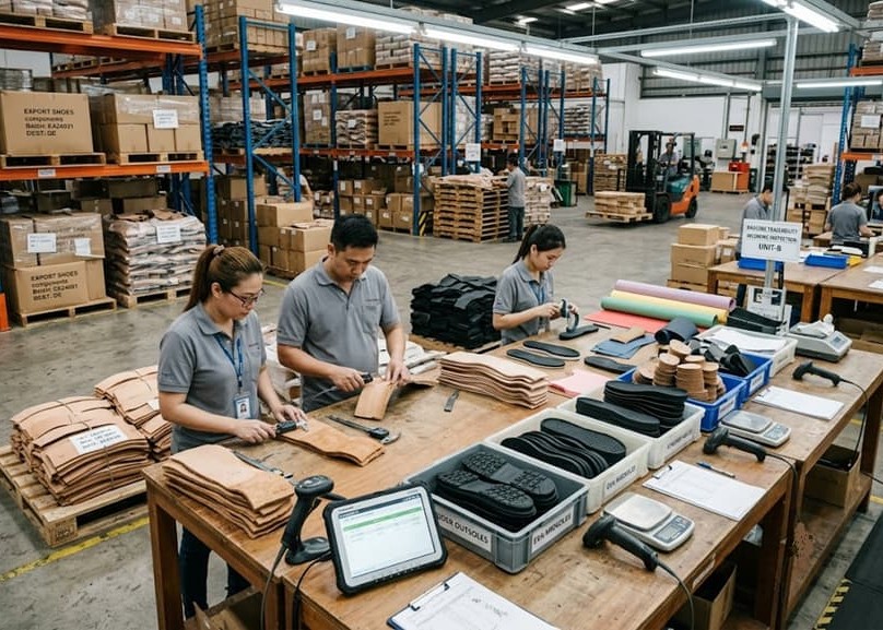Footwear factory incoming inspection of outsole components.