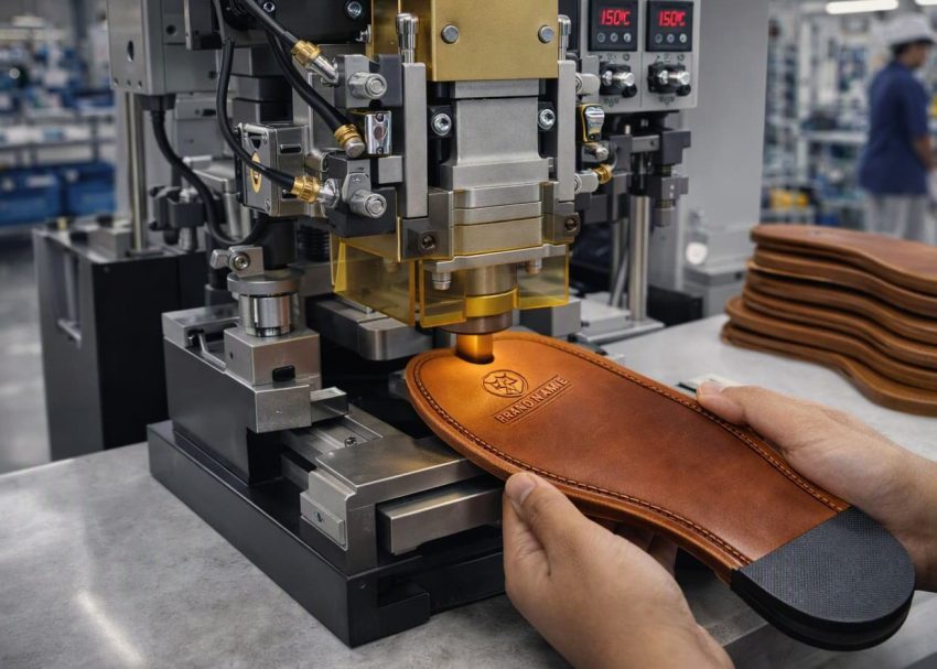 Hydraulic embossing machine creating a brand logo on a rubber outsole in a footwear factory.