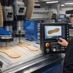 CNC milling machine machining leather outsoles in a footwear factory.