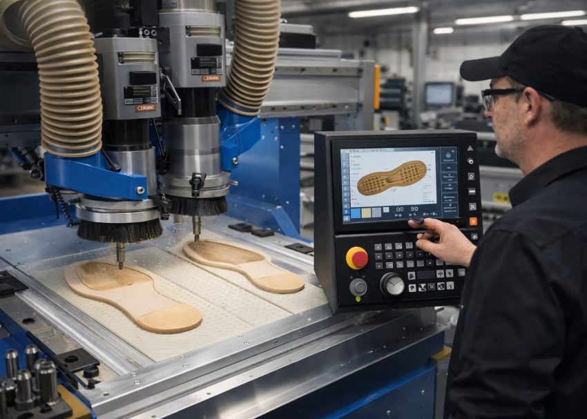 CNC milling machine machining leather outsoles in a footwear factory.