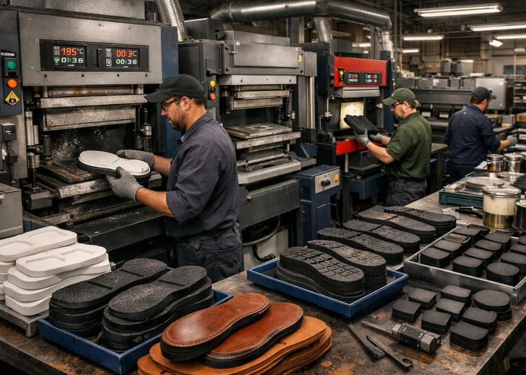 Outsole moulding process in footwear factory.